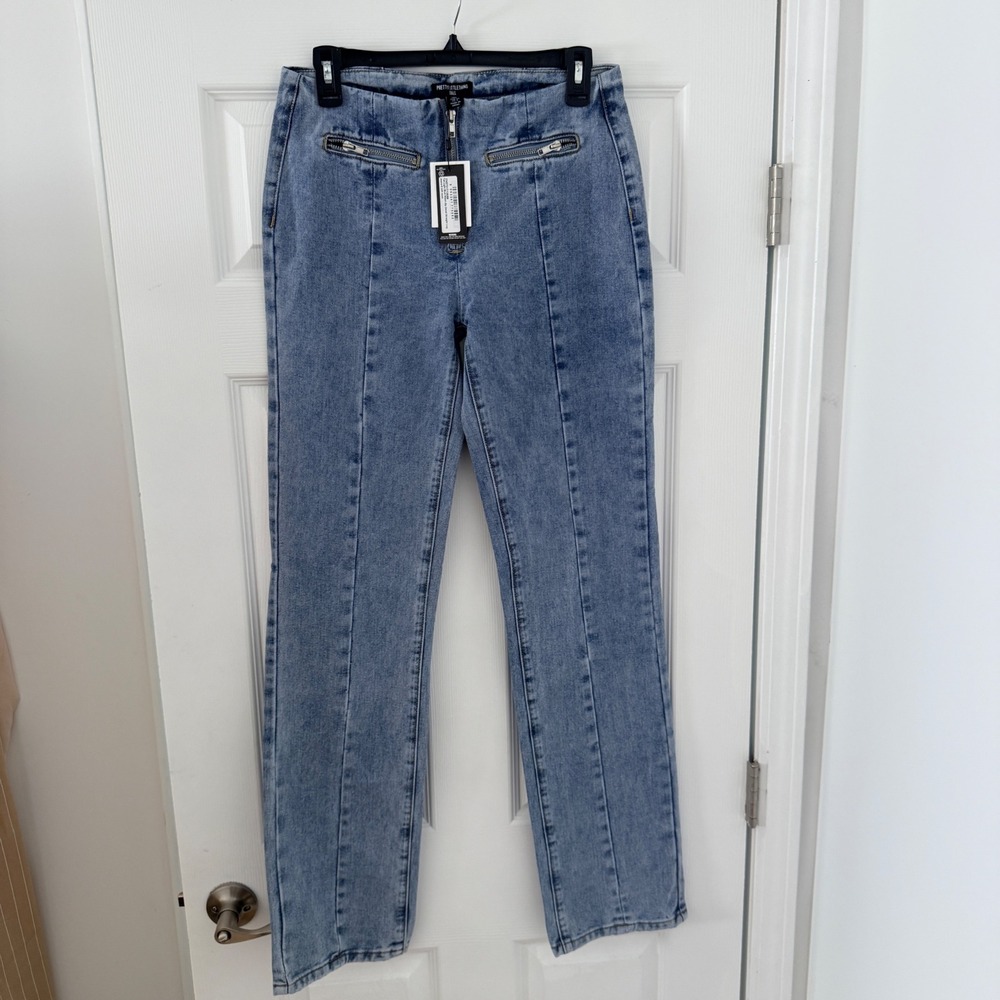 PrettyLittleThing Tall Light Blue Zip Detail Straight Leg Jeans CNE7317‎ US 2